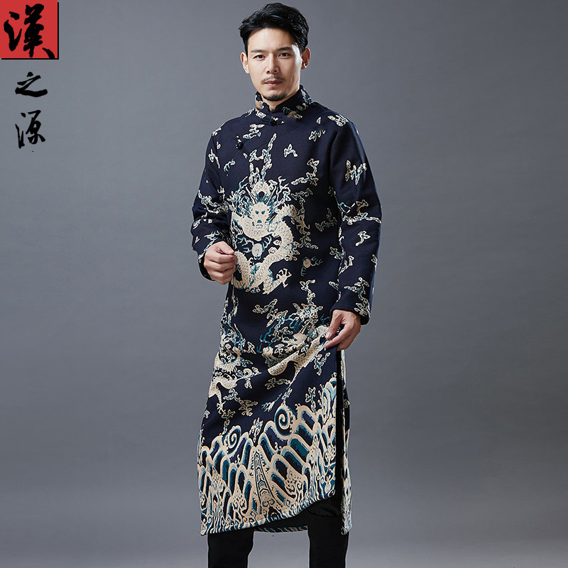 民国长衫棉麻斜襟大褂立领长袍龙纹印花加绒其他民族服装