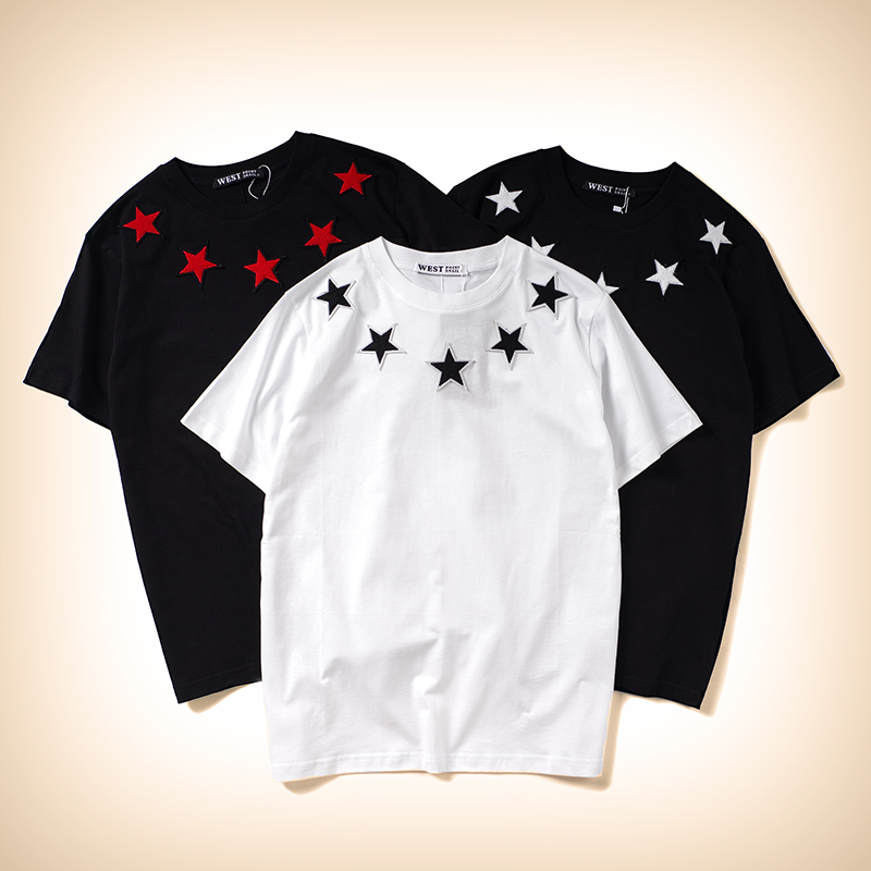 欧美潮牌潮流帅气刺绣五角星纯棉宽松半短袖体t恤男女生情侣装夏