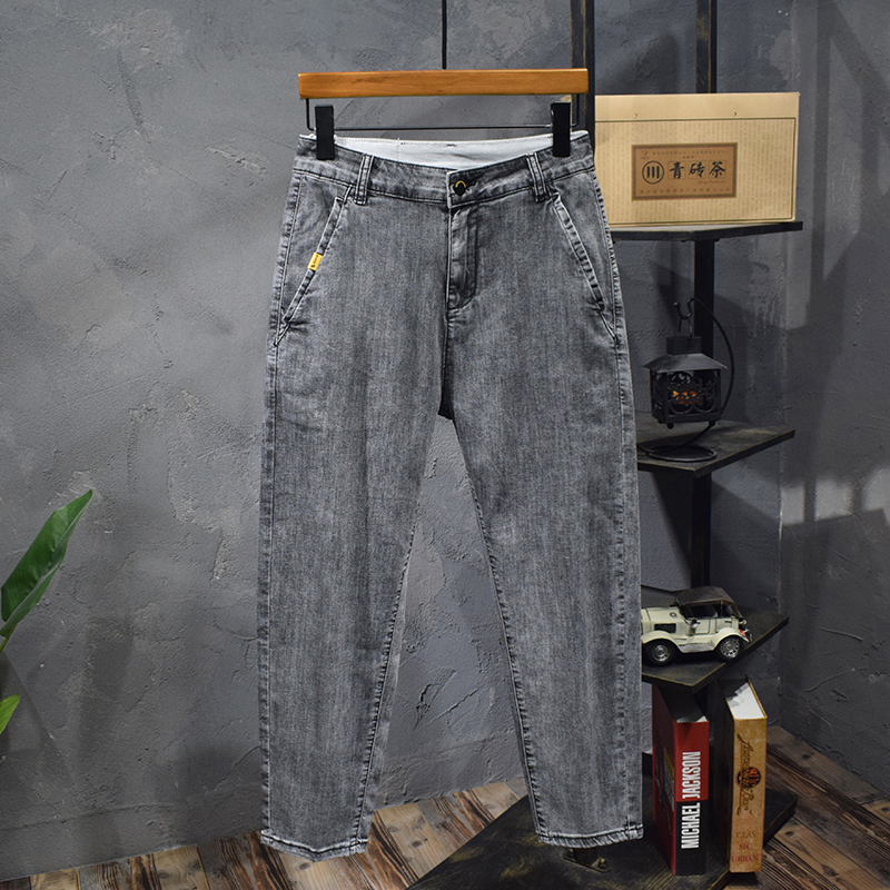软料灰色夏季薄款九分牛仔裤男士斜插袋休闲宽松直筒潮牌弹力男裤