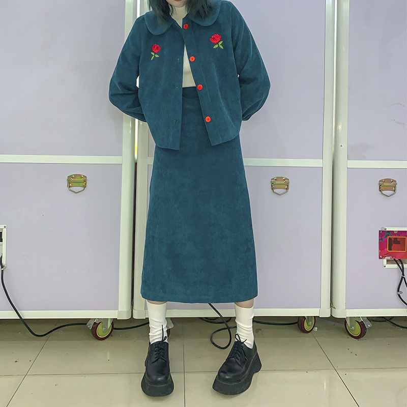 ziziFei｜灯芯绒套装女两件套时尚秋冬孔雀蓝外套半身裙大衣内搭