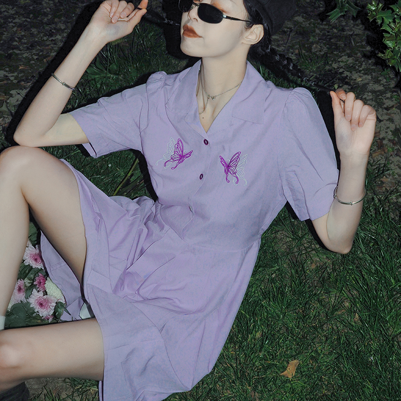 淡紫色西装领连衣裙中长款香芋紫刺绣2020夏新款收腰显瘦纯棉夏季