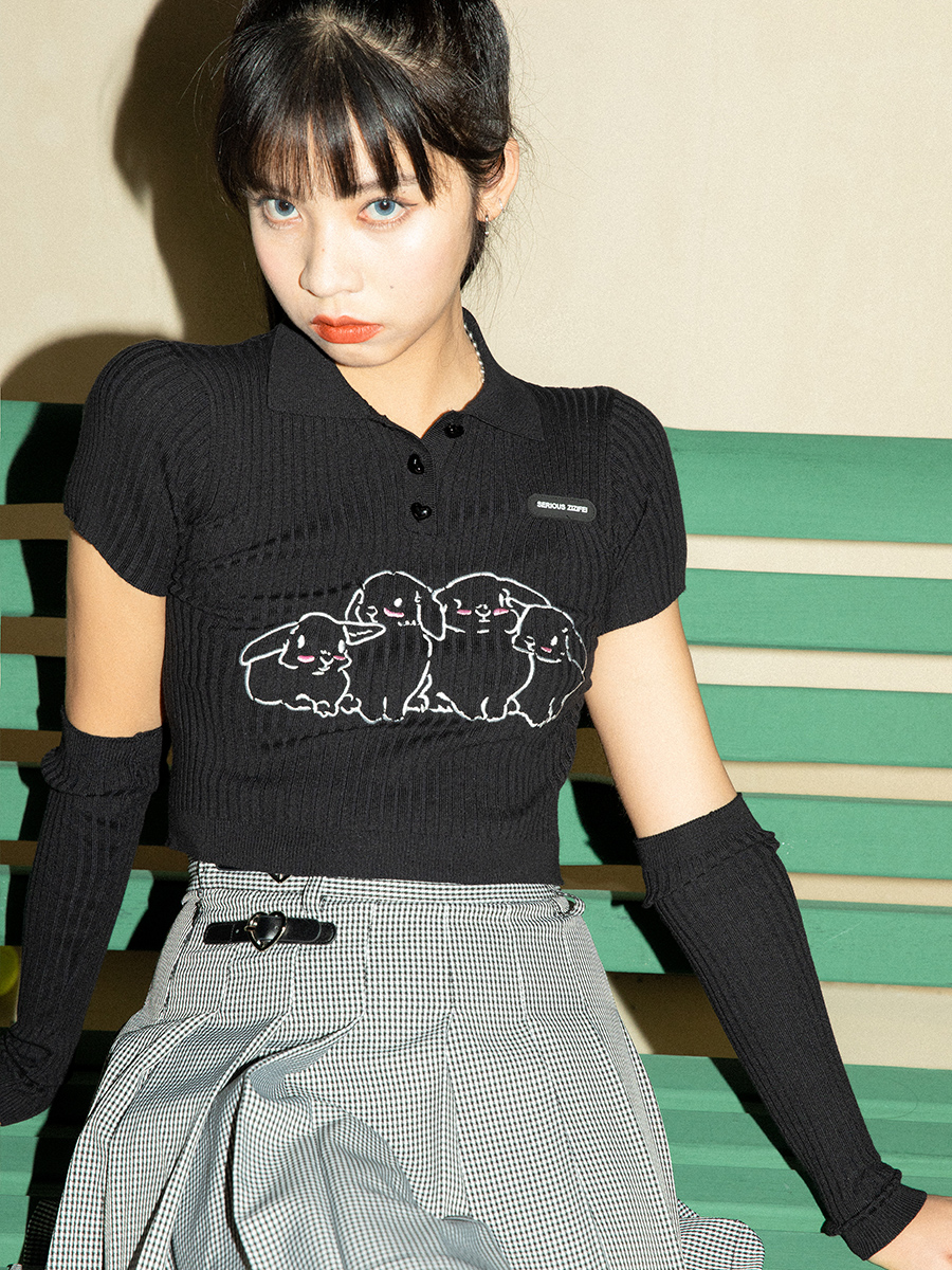 ziziFei黑色兔子刺绣Polo领套袖长袖针织衫复古早秋新款修身上衣