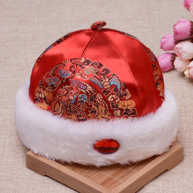 中国国风婴儿新年帽子宝宝红色过年拜年喜庆帽子