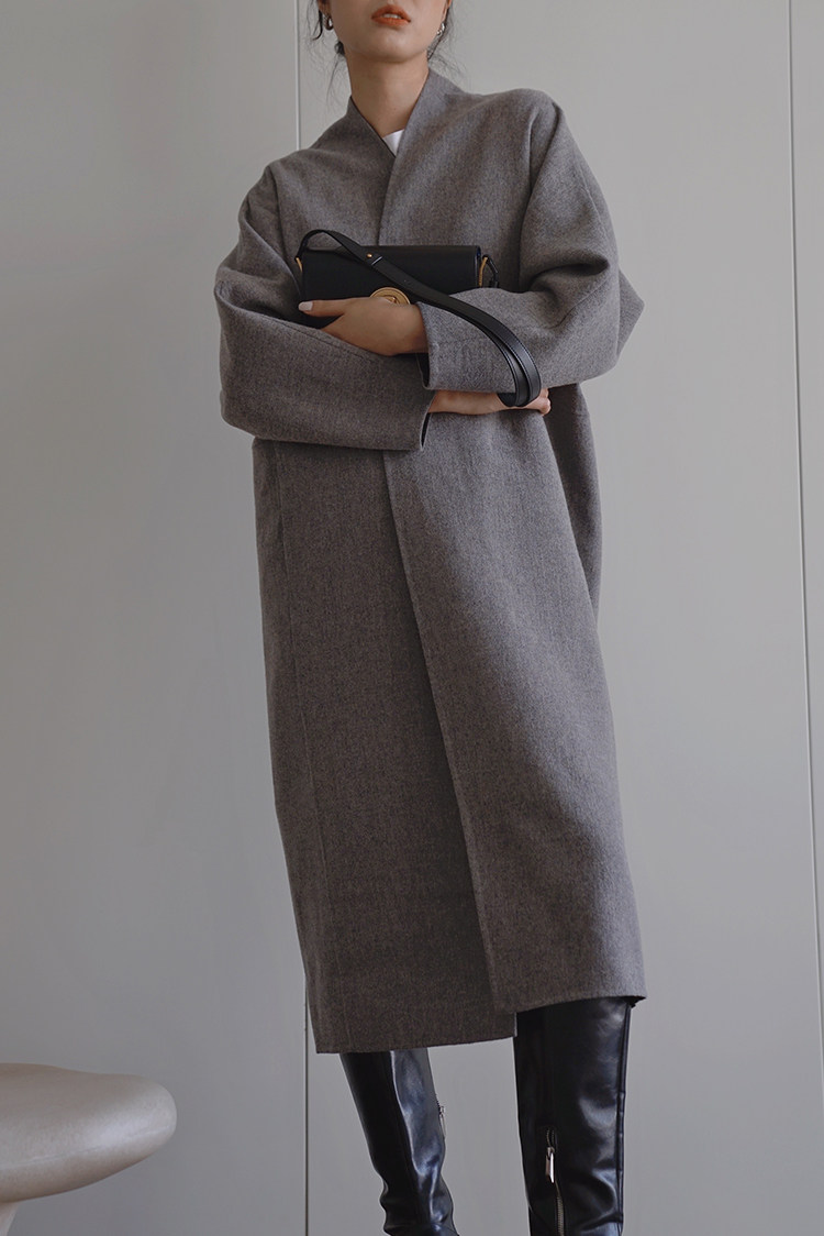 mazestudios100羊毛灰色无领廓形长款大衣外套毛呢外套