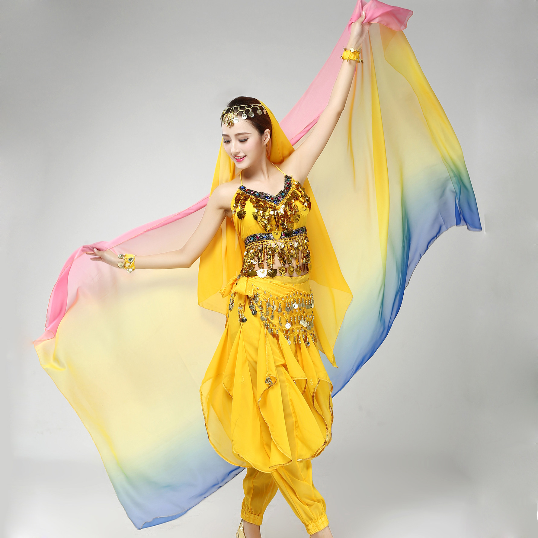 纱巾加长加宽肚皮彩色渐变变色手纱抛纱舞蹈肚皮舞配饰