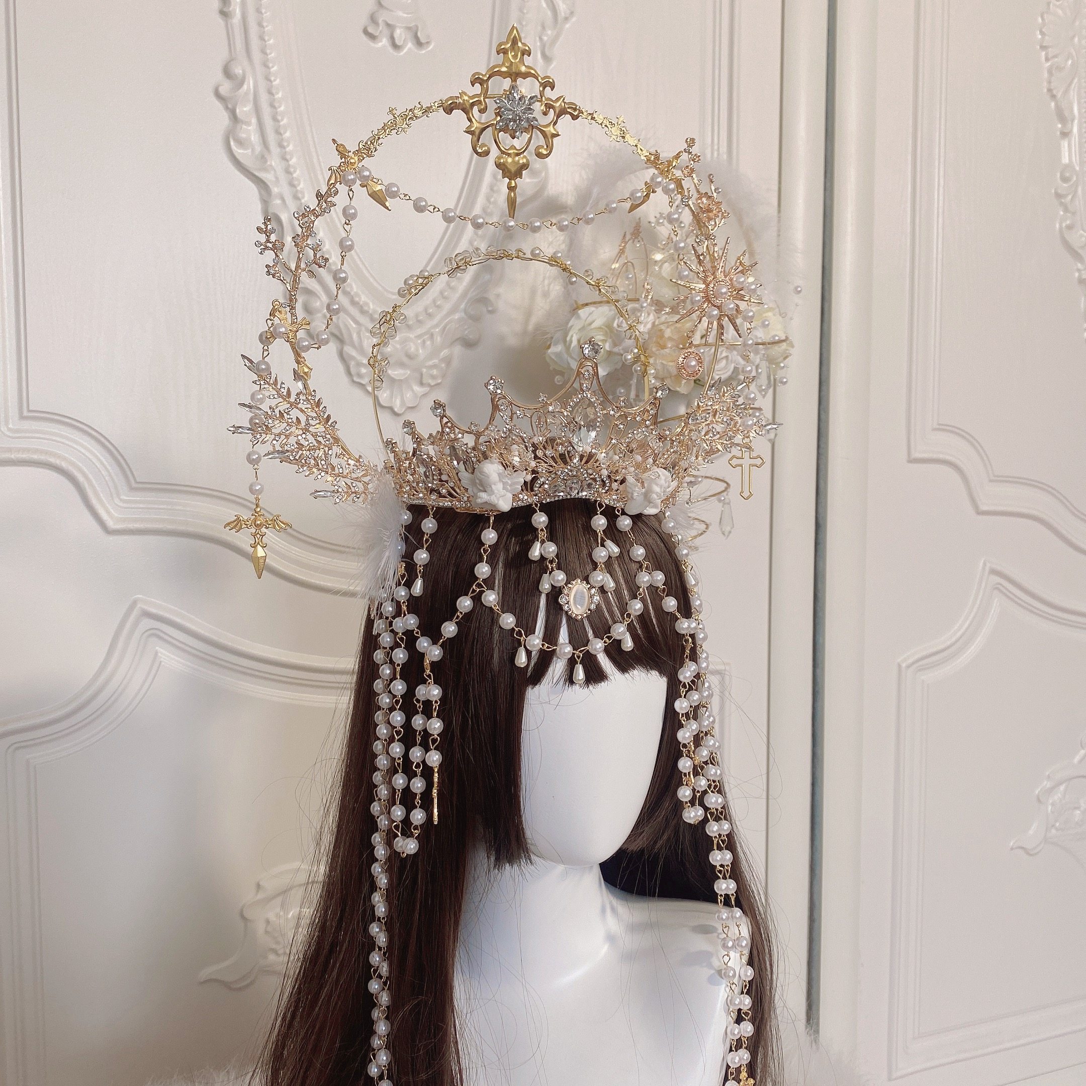 少女lolita手作圣母头冠光环皇冠花嫁加冕头饰洛丽塔配饰