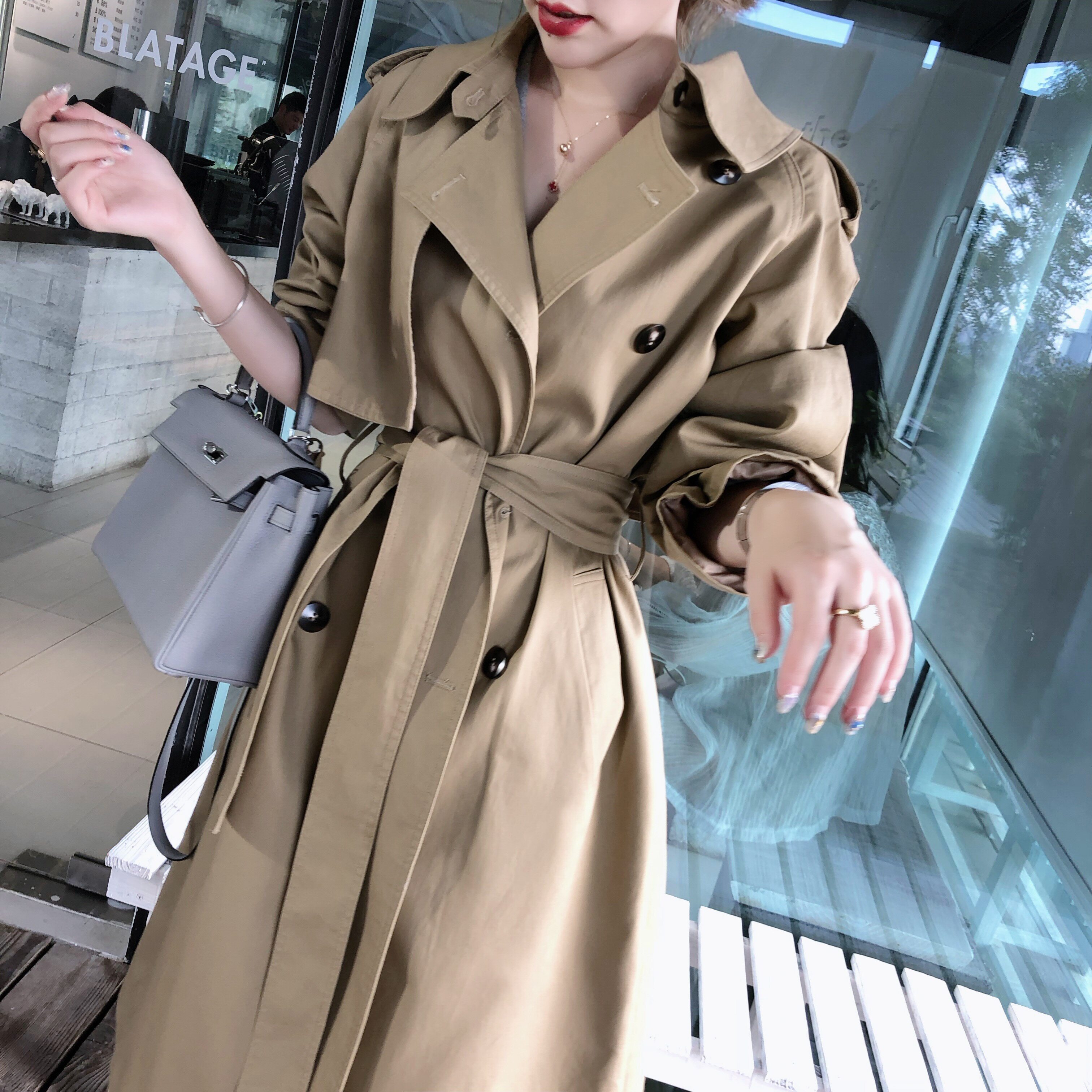 byyou 春季新款英伦风卡其色风衣女中长款收腰过膝休闲外套大衣