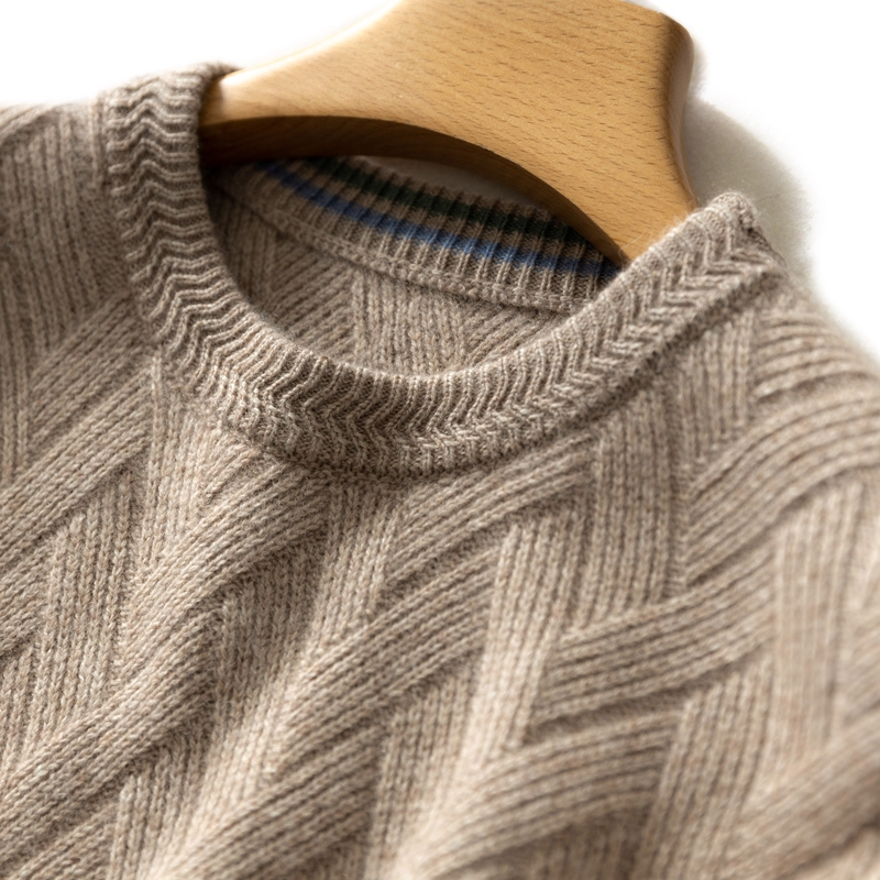 秋冬款100%纯山羊绒圆领提花毛衣男士加厚宽松休闲针织衫韩版潮流