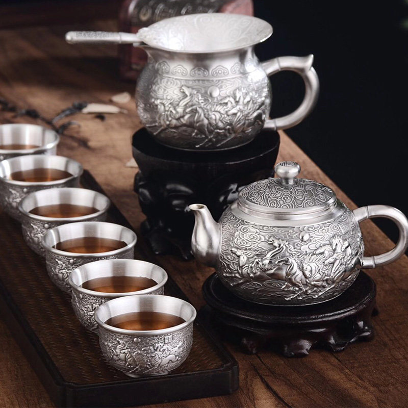 纯银茶壶套装公道马到成功茶杯茶具家用泡茶工具摆件