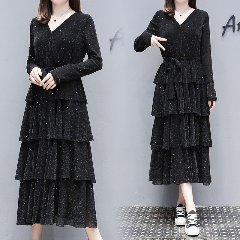 大码新款胖妹妹金丝绒蛋糕裙显瘦中长款T恤打底衫遮肚200斤连衣裙