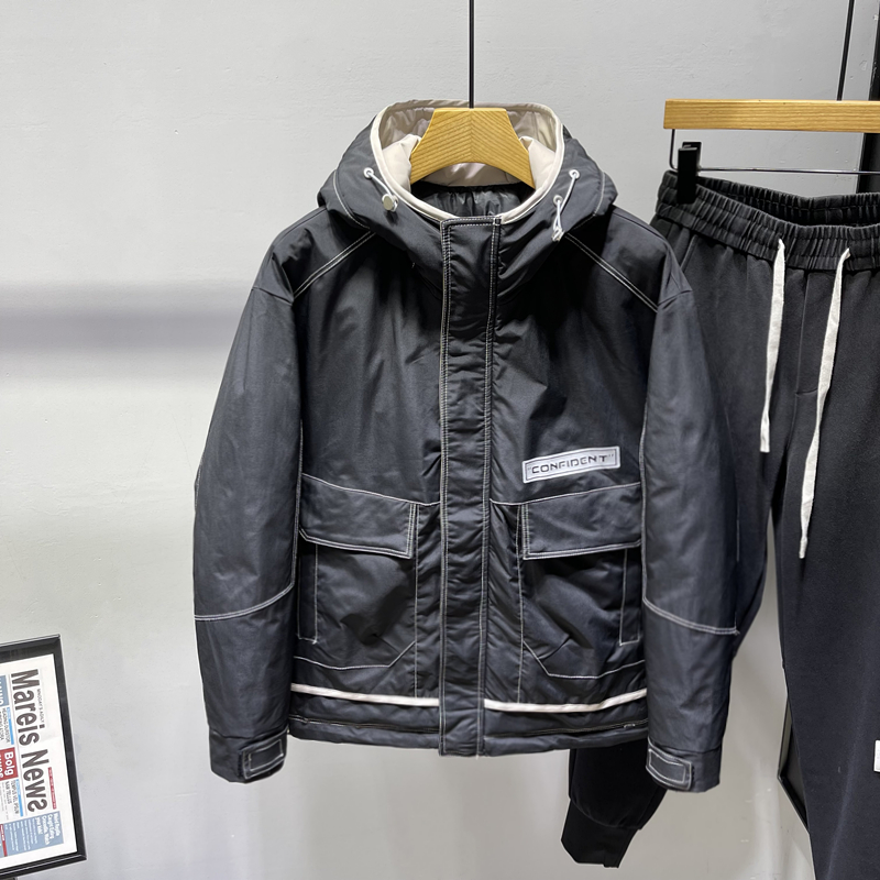 冬季加厚保暖羽绒棉棉衣男短款连帽工装明线帅气时尚宽松棉袄外套