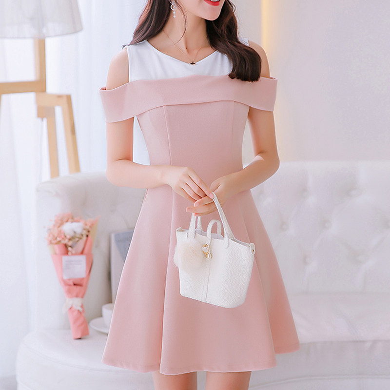 夏季女裙韩版时装新款淑女气质中长款a字裙纯色吊带一字肩连衣裙