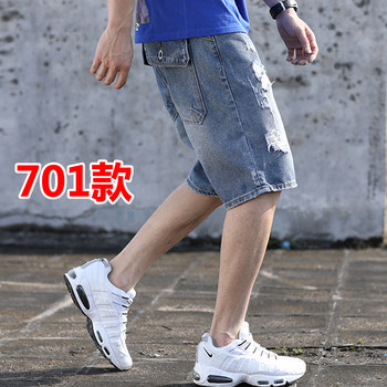 Workwear denim shorts men's elastic loose multi-pocket cropped trousers summer thin ripped quarter trousers multi-pocket mid-pants