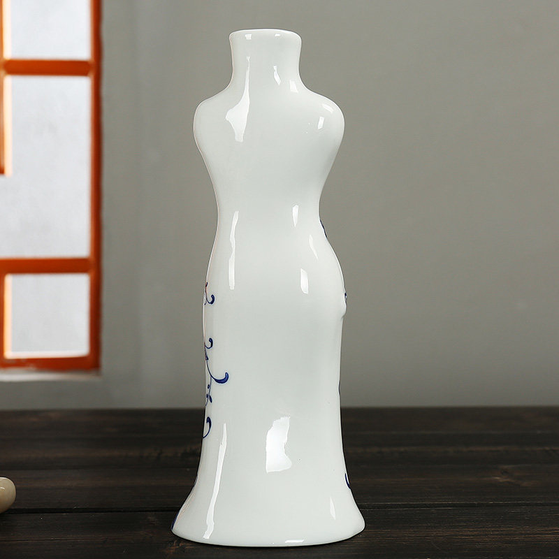 手绘陶瓷旗袍花瓶花插摆件创意青花古典美女花瓶