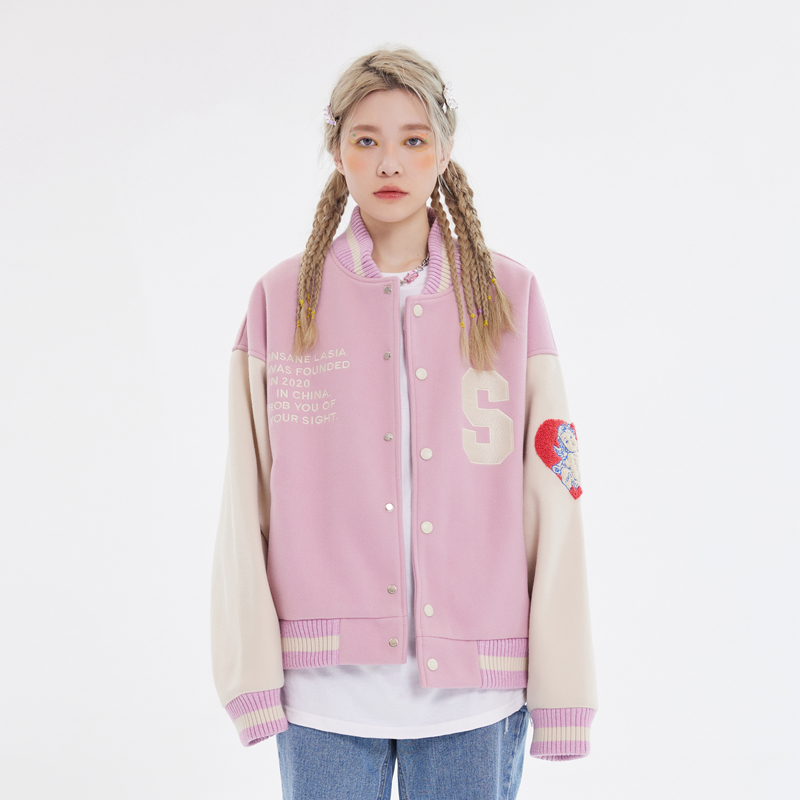 INSNLASIA 21AW原创粉色爱心天使棒球服夹克潮牌男女毛呢外套上衣