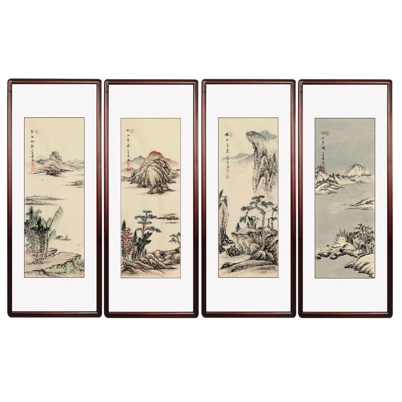 手绘国画山水画四条屏挂画四联字画实木木框定制国画