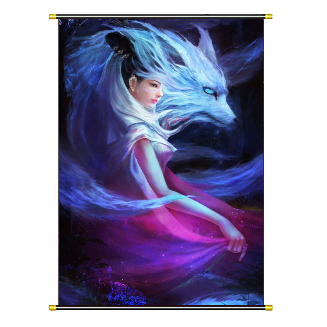 狐仙画像狐狸九尾狐娘娘青丘绢布打印三尺年画
