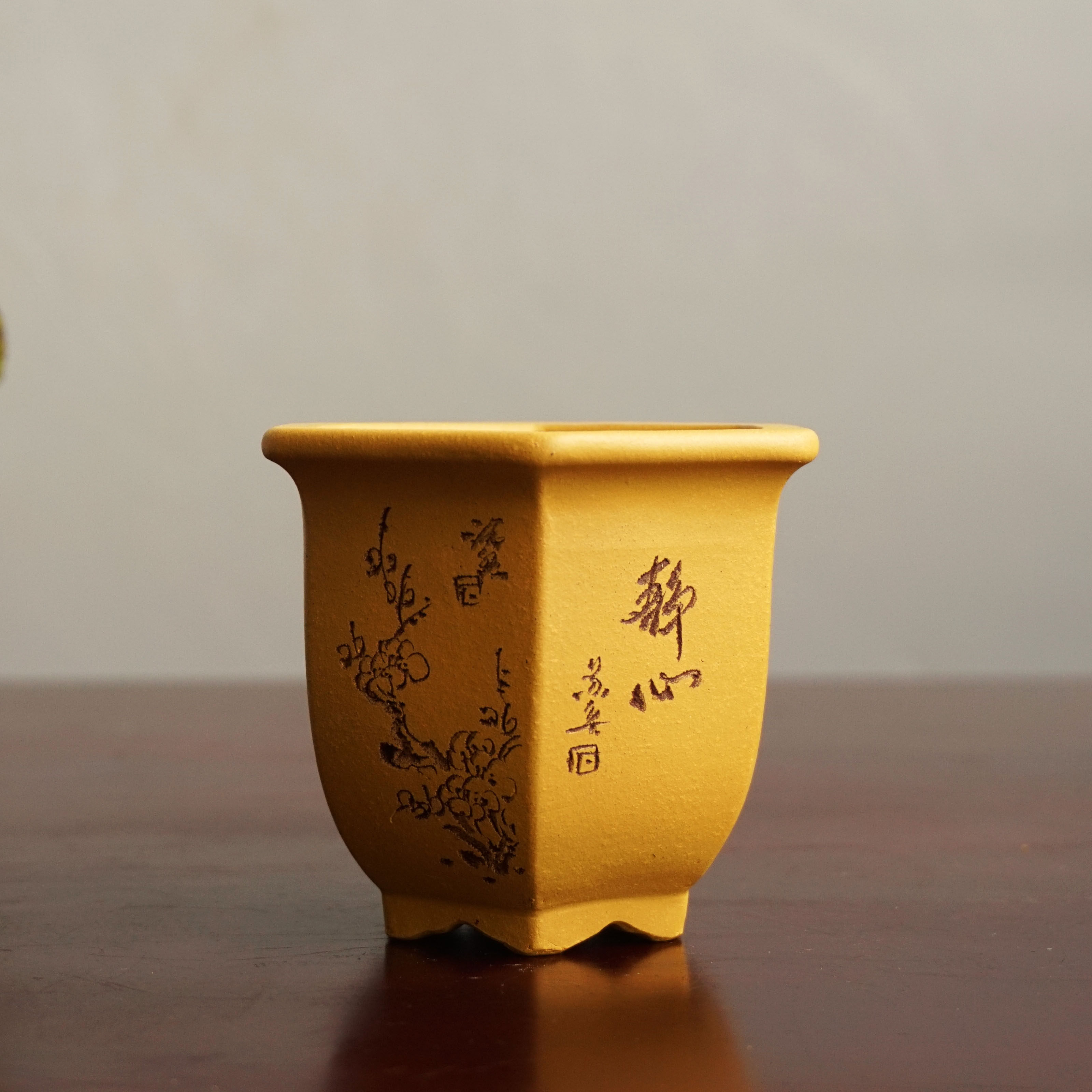 玲珑宜兴原矿紫砂花盆菖蒲盆景苏兵手工刻绘黄金段泥六方高桶