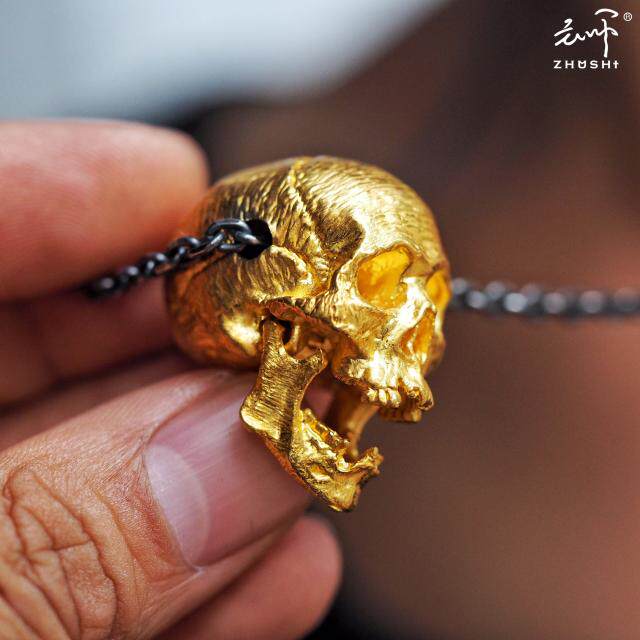 主师出品24k黄金骷髅吊坠项链五芒星撒旦吊牌项坠