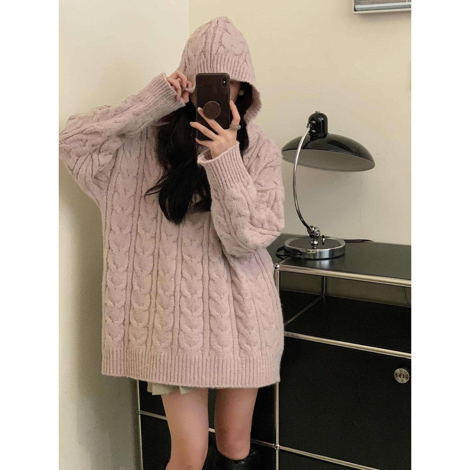 iu韩国东大门休闲连帽套头马海毛宽松针织长款毛衣