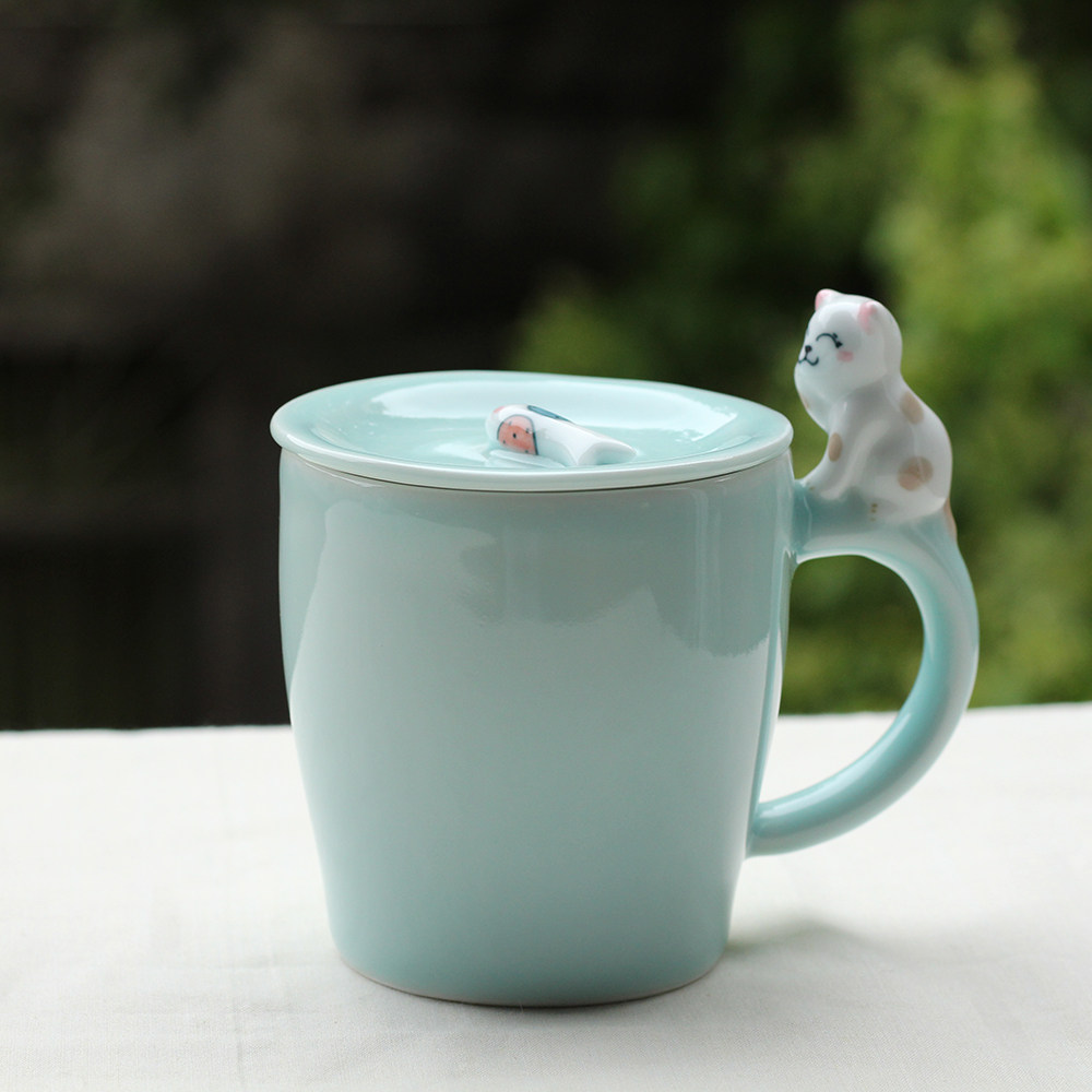 创意猫咪青瓷马克杯子3d立体陶瓷杯 带盖勺个性情侣杯生日礼物
