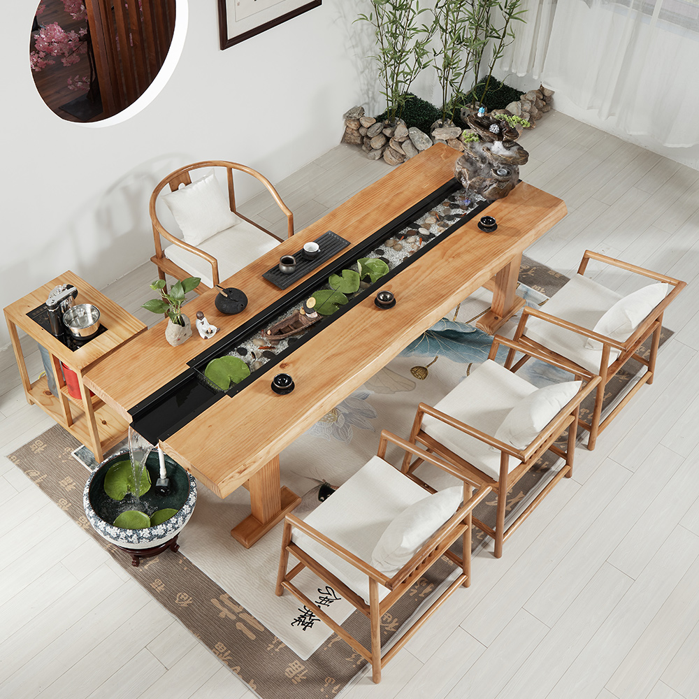 现代中式简约实木流水茶台功夫泡茶桌椅组合茶几