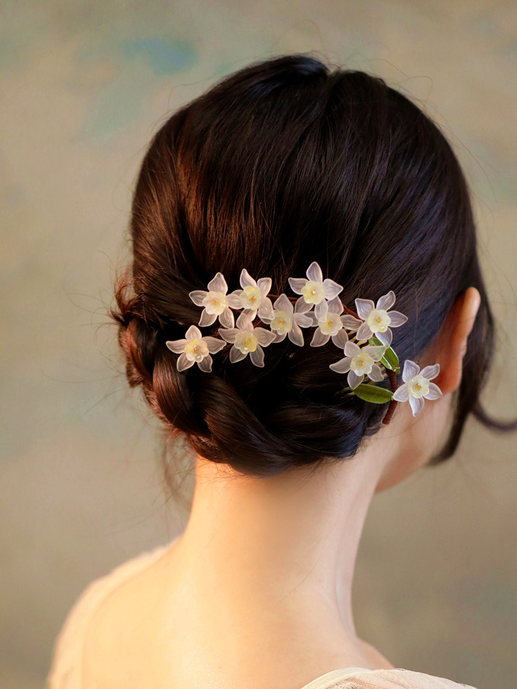 头饰汉服盘发插梳发梳超仙气花朵软簪丸子侧边发饰