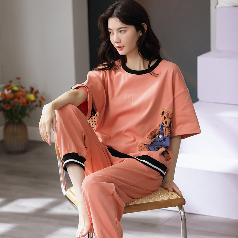 fiarady花丛丽影睡衣2021年夏季纯棉短袖长裤套装薄款睡衣