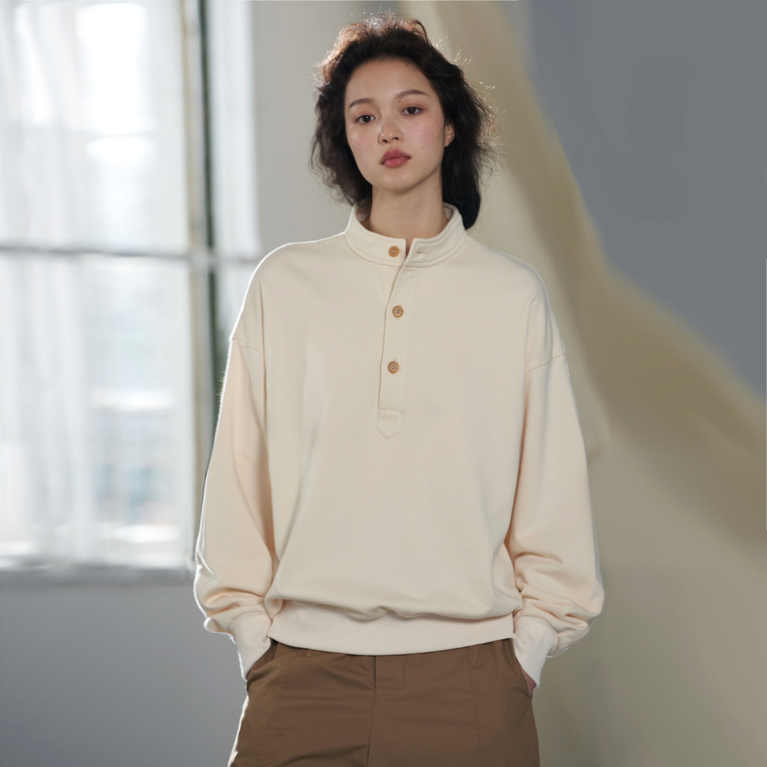 COMMON VALUE 亨利领卫衣 复古休闲气质百搭中性宽松外套原创设计