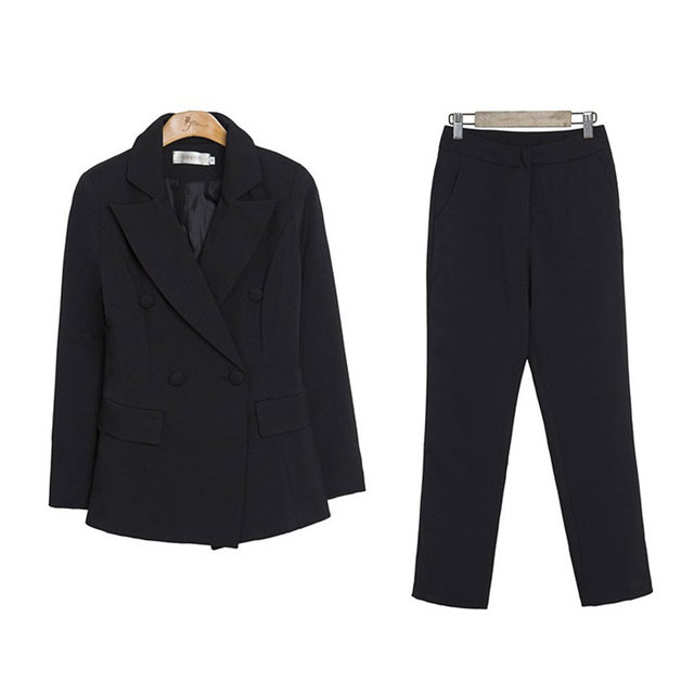 Pure black and white fashion professional suit women's trousers two-piece Korean slim slimming double-breasted small suit jacket trend Pure black and white fashion professional suit women's trousers two-piece Korean slim slimming double-breasted small suit jacket trend