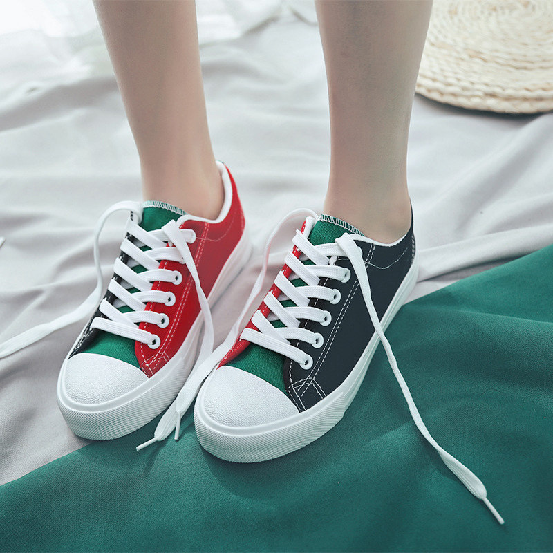 鸳鸯鞋女韩版2018新款百搭学生阴阳鞋 不对称帆布鞋 双色鞋女球鞋