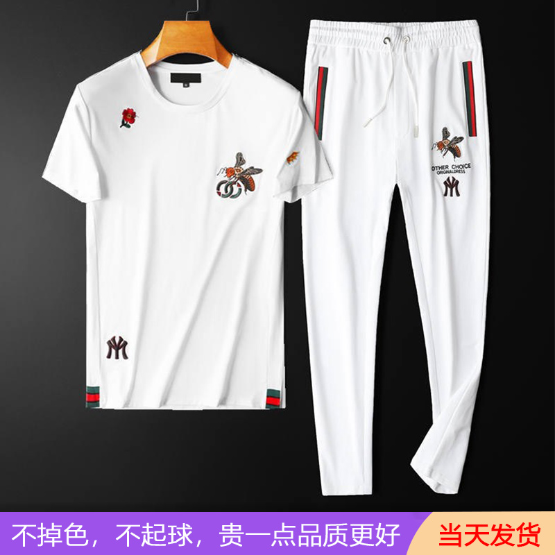 欧洲站夏季高品质男士休闲套装潮牌轻奢小蜜蜂刺绣短袖运动两件套