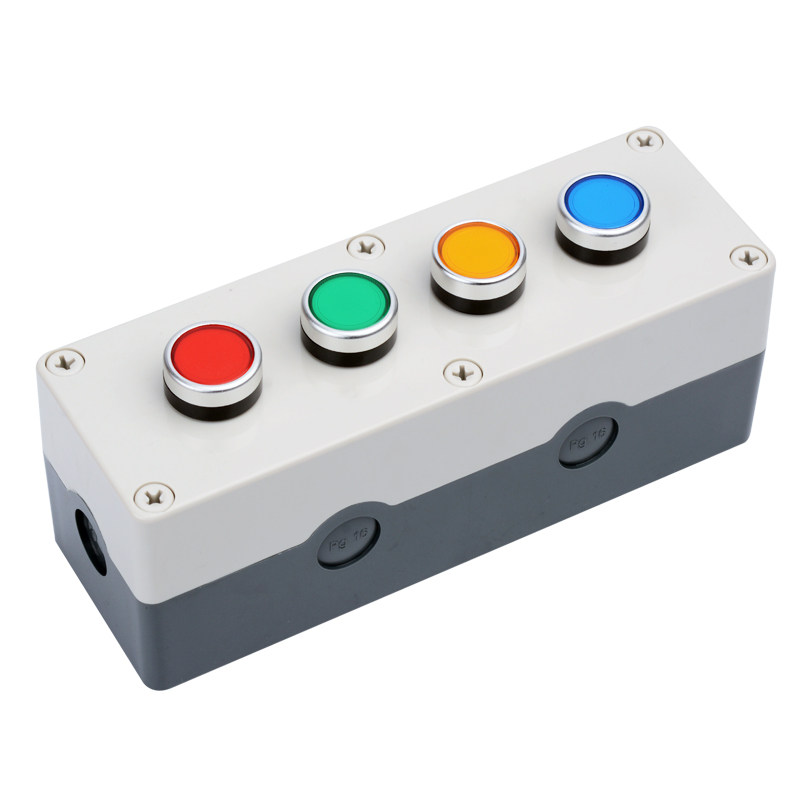 防水带灯按钮开关控制盒24v220v复位自锁紧急停启点动123孔按钮盒_双