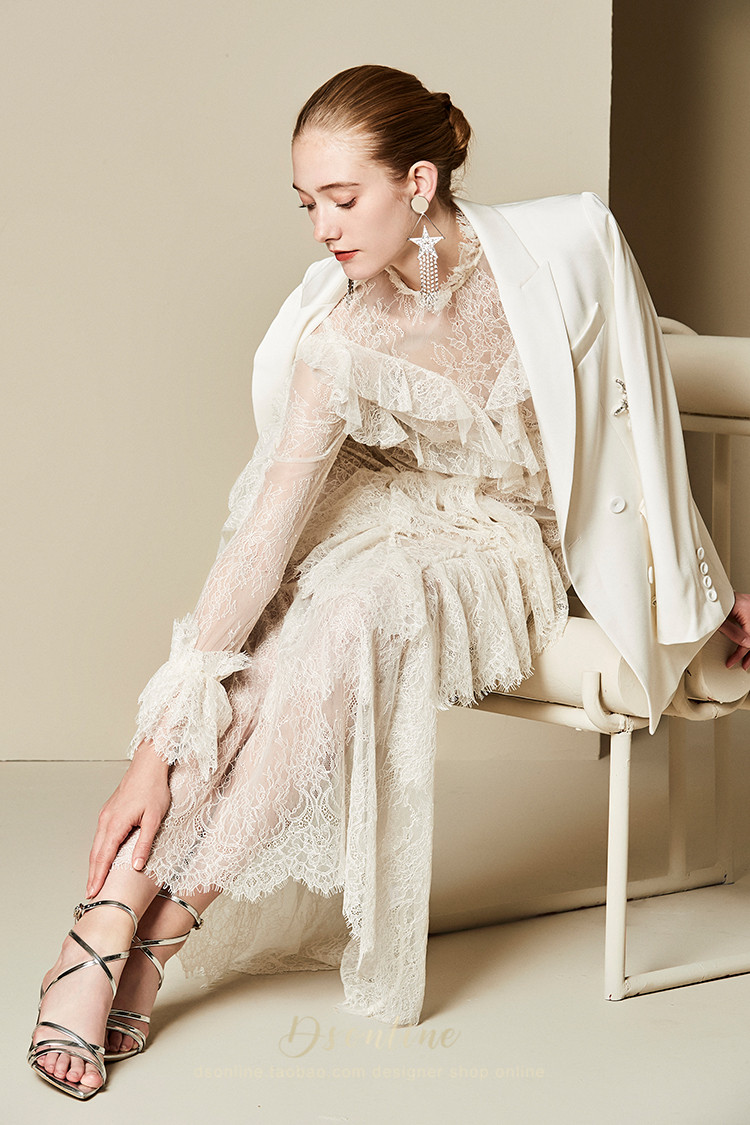 高定系列水钻西装法式蕾丝长裙2020春夏新款礼服