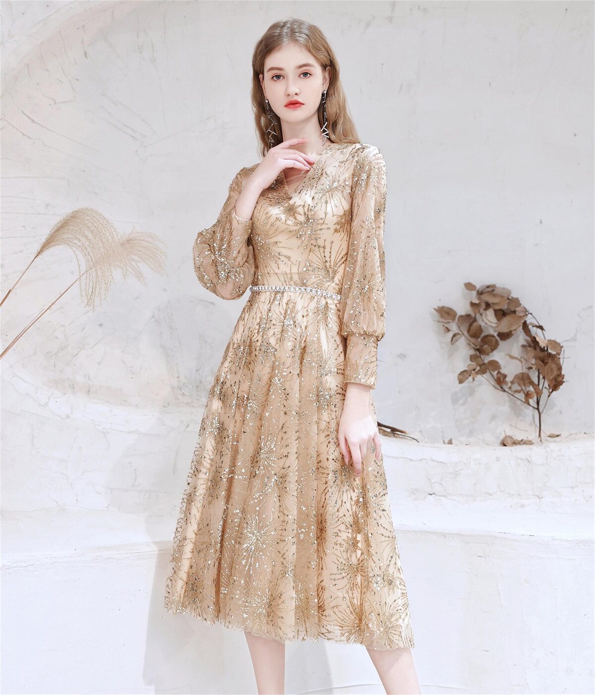 高端名暖小礼礼服金色时尚连衣裙2020冬季新款礼服