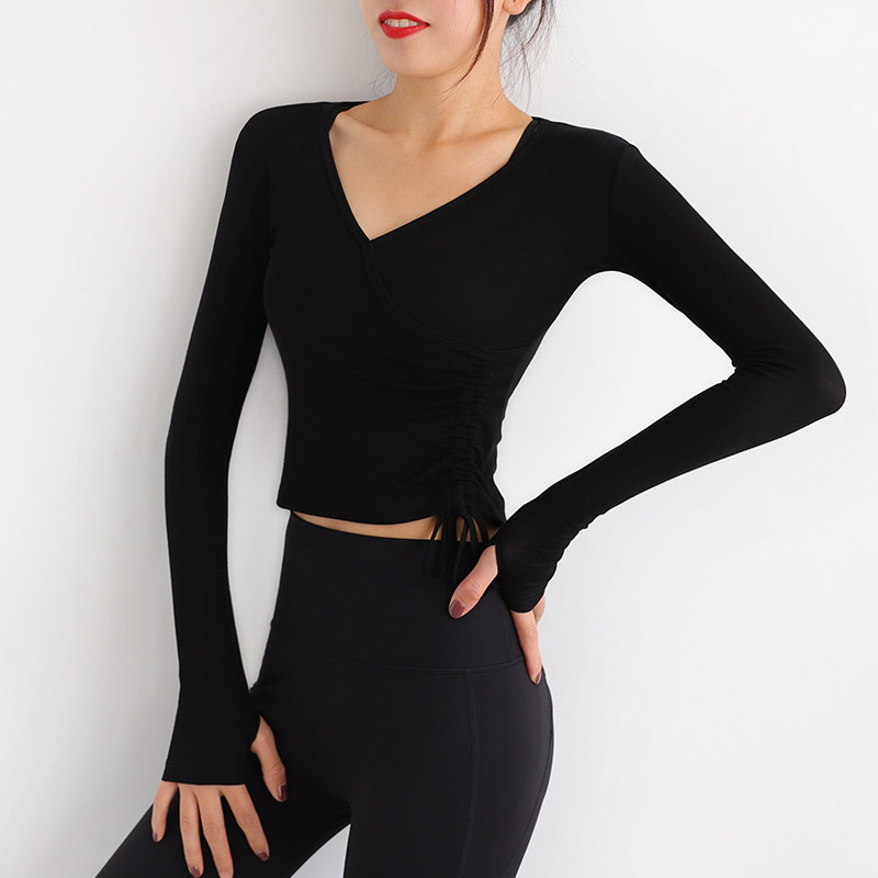 绑带健身衣女瑜伽长袖抽绳弹力紧身纯棉舒适健身衣