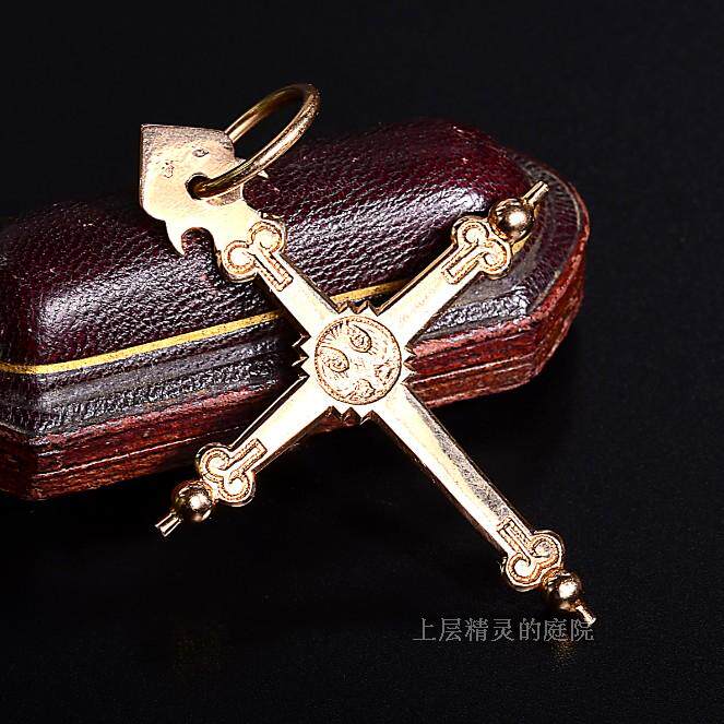 上层精灵的庭院 法国金标∮janette大型18k金宗教十字架古董吊坠