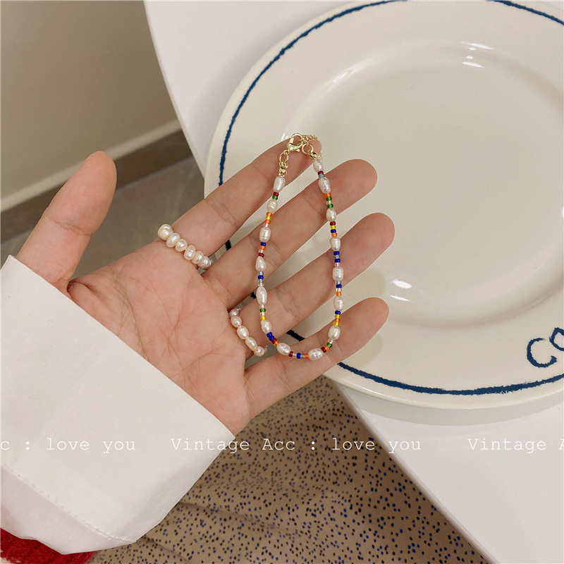 项链珍珠韩国复古几何彩色串珠韩版小香风项链