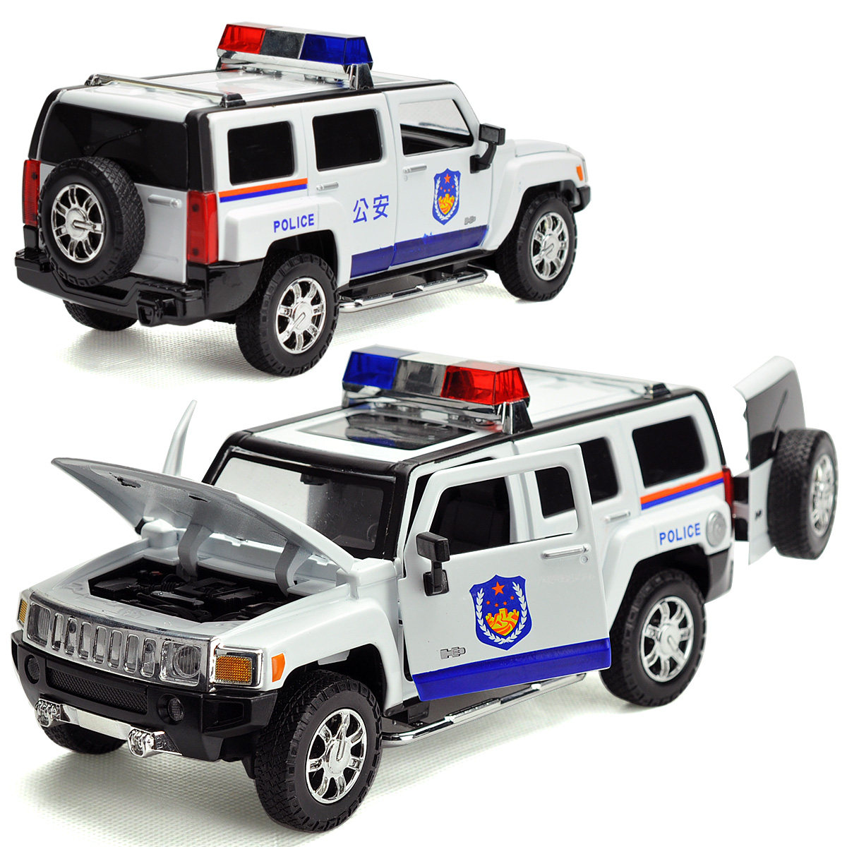 彩珀合金车模1:24悍马h3警车公安越野车声光可开门儿童益智玩具车