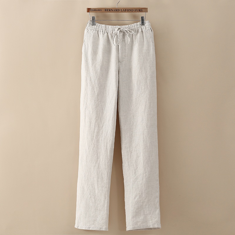 夏亚麻布薄款松紧腰休闲长裤棉麻质宽松直筒沙滩裤麻料大码男裤子