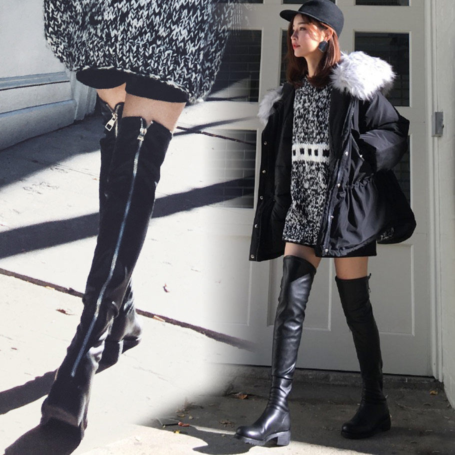 雪梨同款过膝长靴子平底女冬季小辣椒显瘦腿后拉链平跟粗跟过膝靴