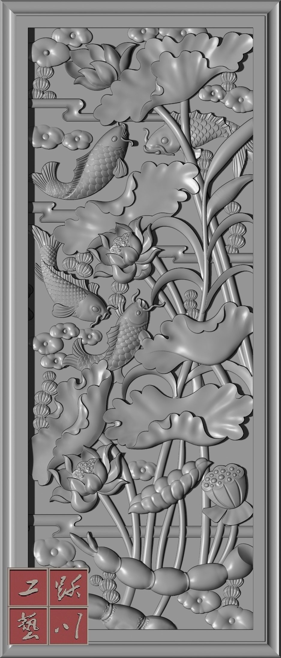 连年有余年年有鱼精雕灰度木雕砖雕石雕挂件2d