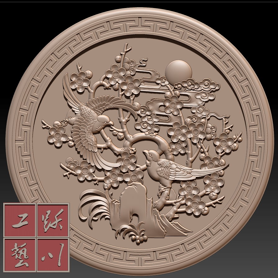 新梅花梅花圆盘精雕灰度图木木雕石雕砖雕雕刻设计素材