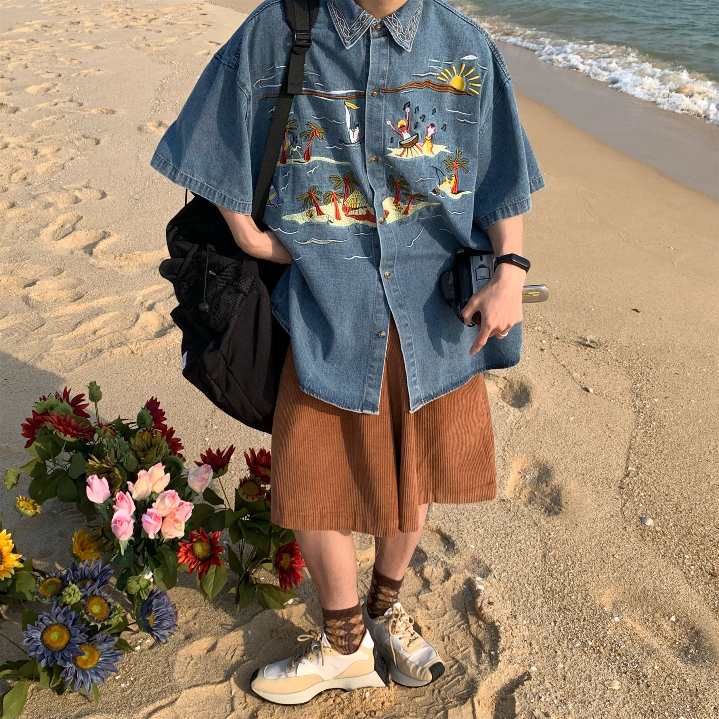 c2自制重工工艺刺绣椰子树牛仔衬衫夏威夷沙滩衬衫