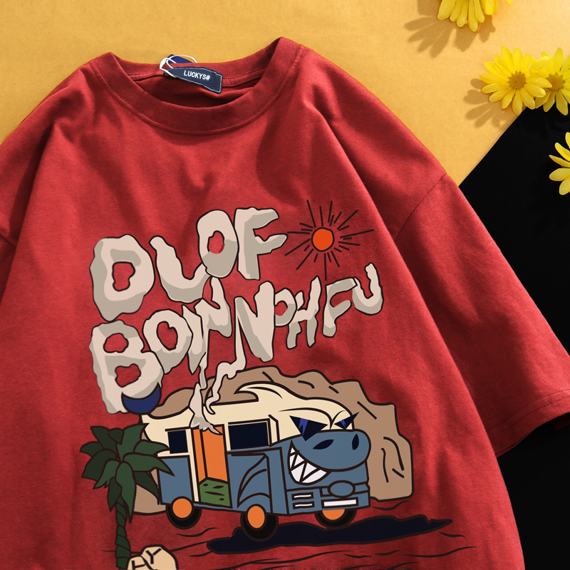 美式复古ins潮牌卡通短袖t恤男生夏季宽松嘻哈高街情侣装半袖体恤