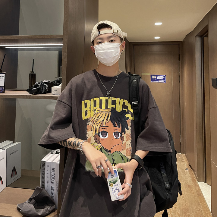 短袖t恤男夏季美式复古潮牌五分袖衣服宽松嘻哈高街男生半袖体恤