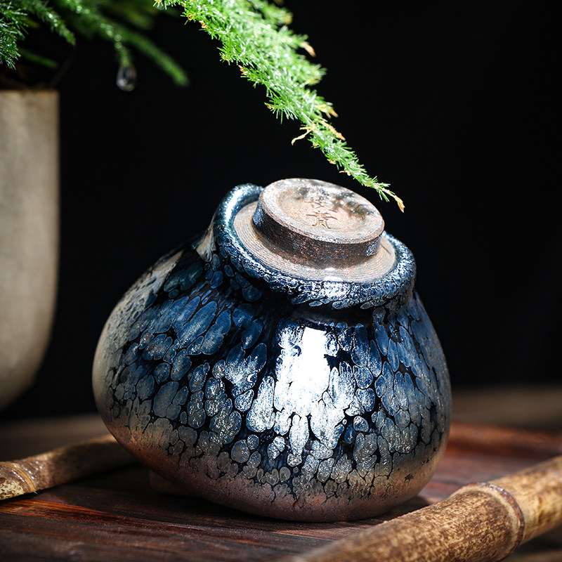 名家叶长青纯手工蓝油滴鹧鸪斑建盏铁胎功夫茶杯主人杯陶瓷茶具