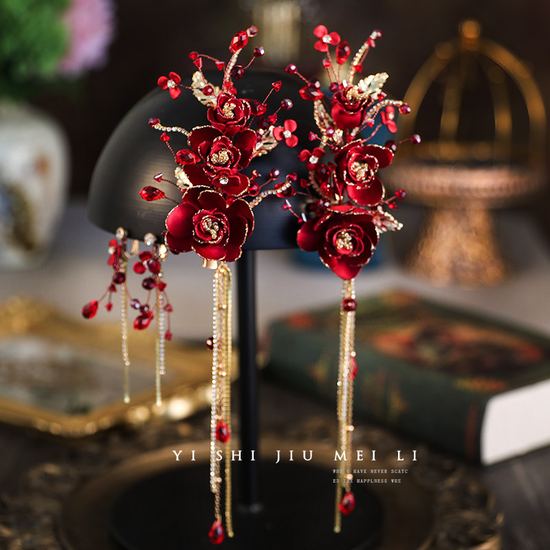 新娘结婚配饰晚宴旗袍礼服敬酒头饰红色时尚发饰