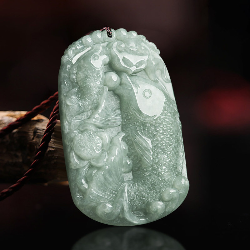 天然缅甸翡翠鱼牌年年有余冰种玉石吊坠挂件女朋友项坠