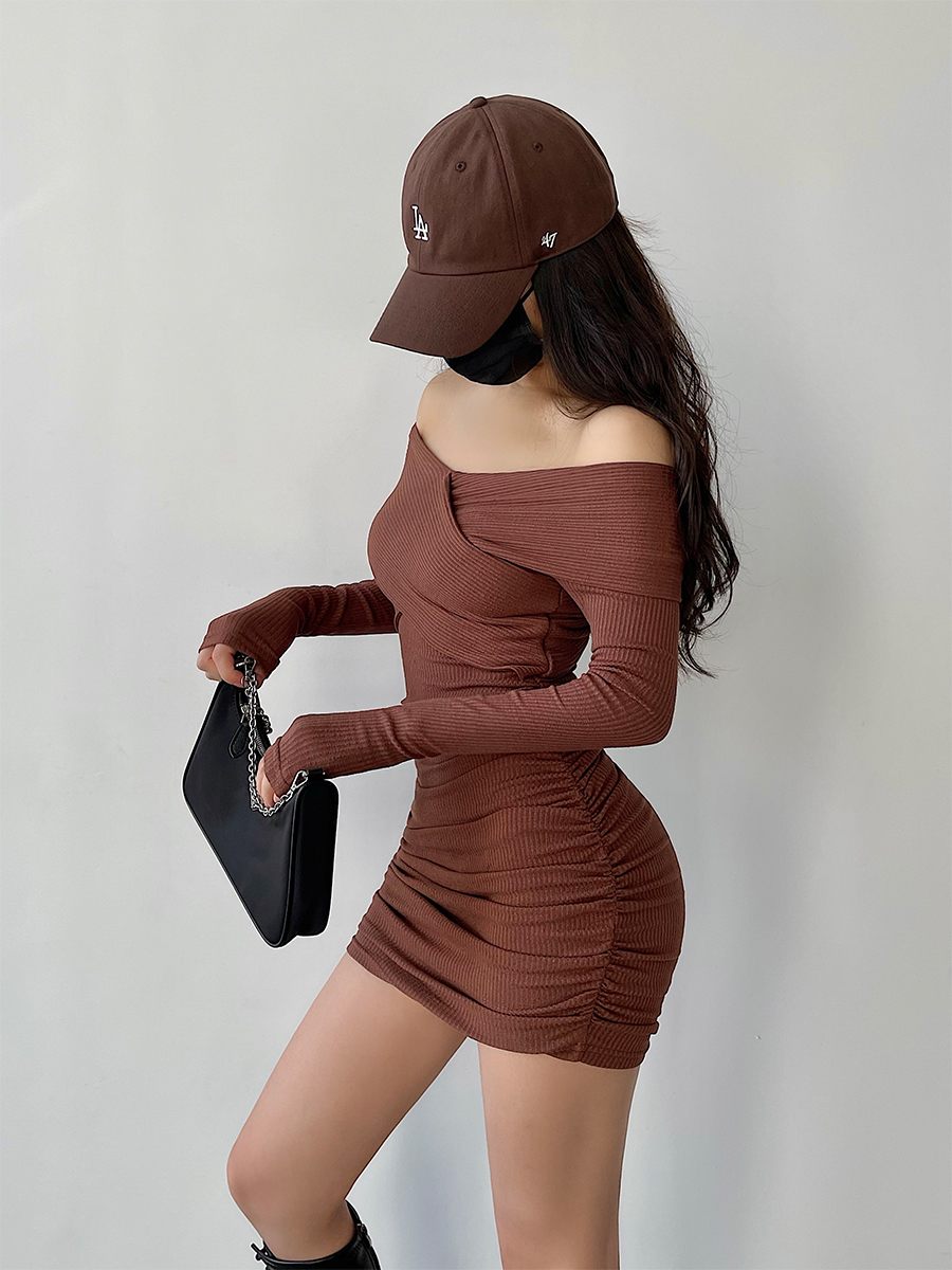 younggirlday欧美性感一字交叉褶皱紧身长袖针织包臀连衣裙